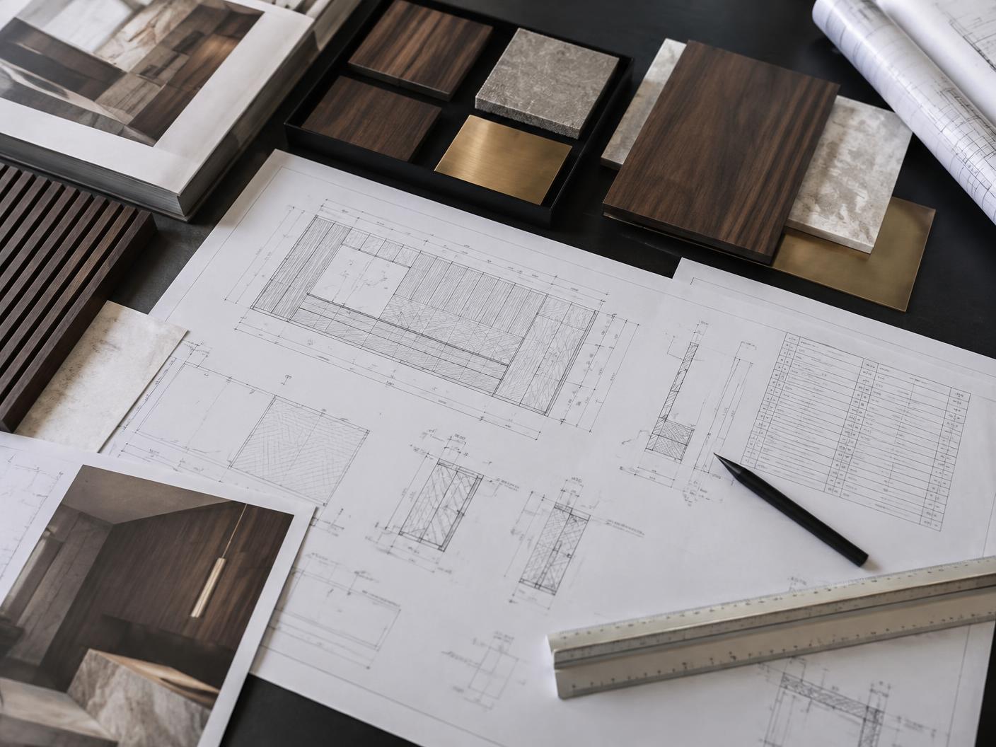 Representative joinery drawings, material samples and costing workspace