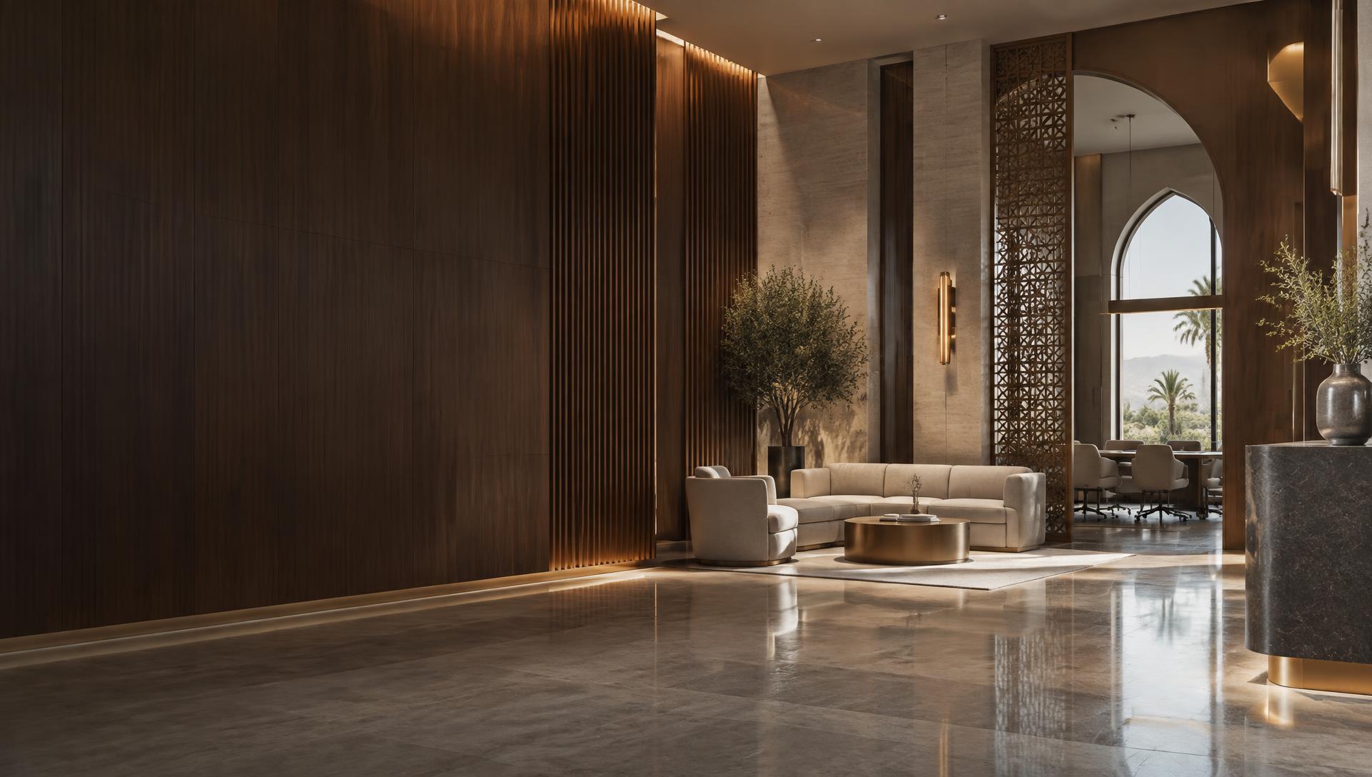 Representative premium interior fit-out with detailed walnut joinery